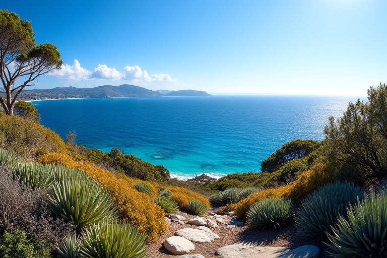 Garden on a cliff overlooking the ocean, featuring drought-resistant native coastal plants