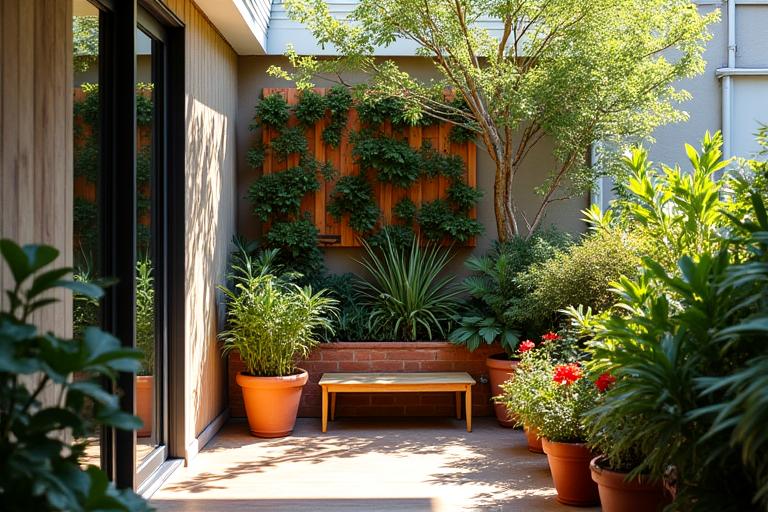 Compact urban balcony transformed with potted native plants and vertical garden elements