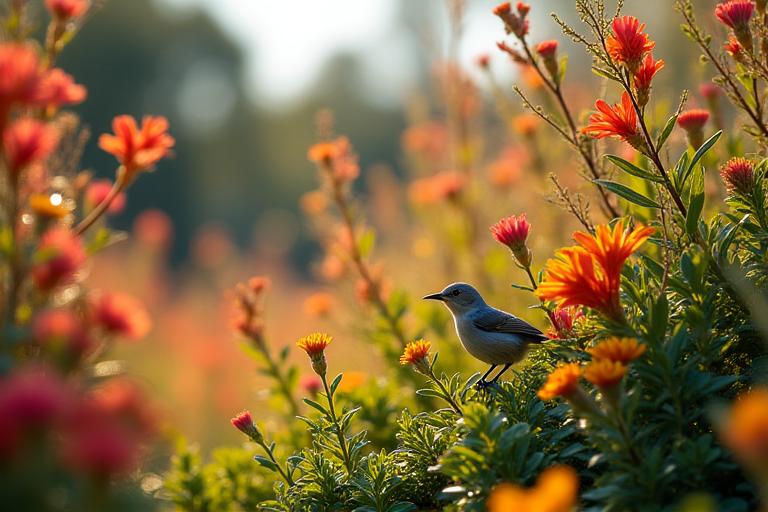 Diverse native plantings forming a wildlife corridor, attracting birds and insects