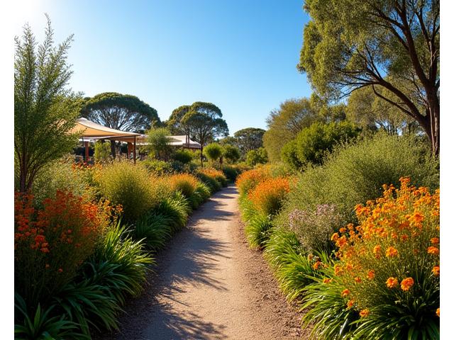 Lush native plant nursery showcasing a variety of Australian flora under a clear sky